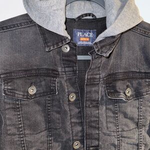 The Children’s Place Black Denim Jacket Boys size 14 XL Gray Hood Pockets #59284